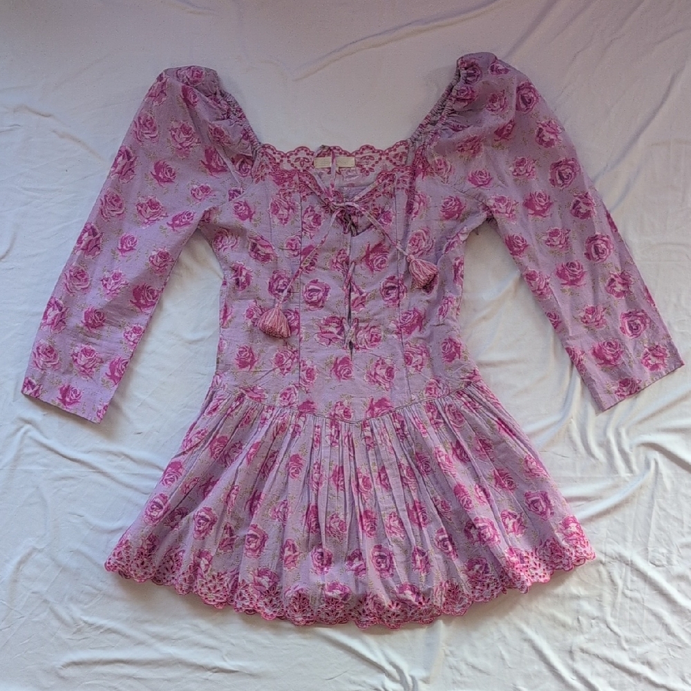 LoveShackFancy Lavender and Pink Floral Mini Dress